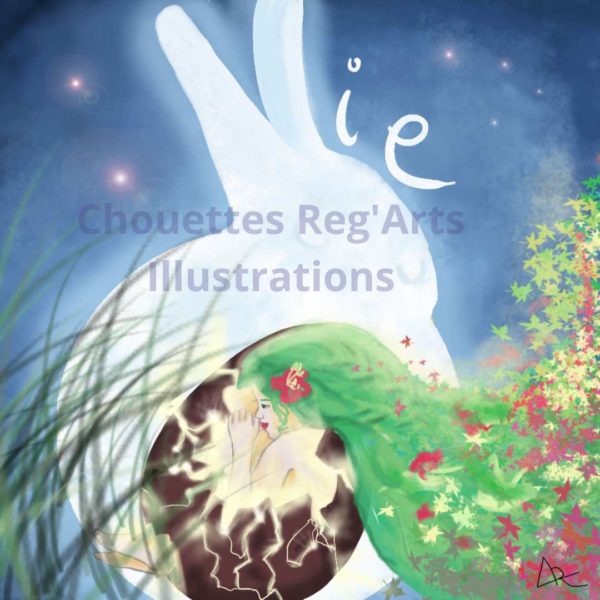 Pâques filigrane Pâques symboles lapin lune oeuf vie chouettes regarts illustrations jeunesse enfance