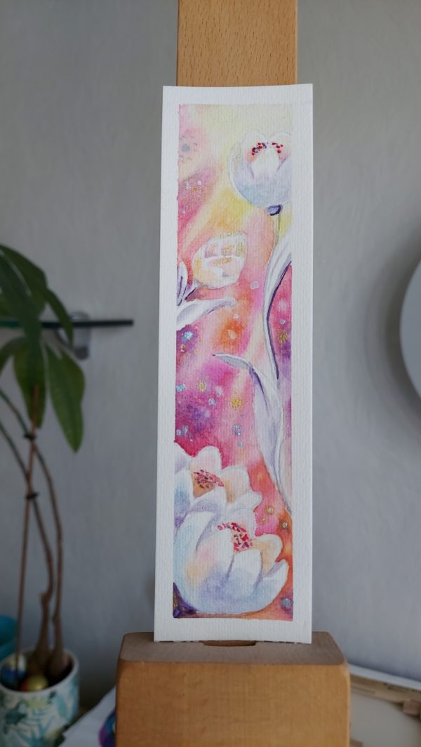 marque page fleurs printemps aquarelle paillettes chevalet