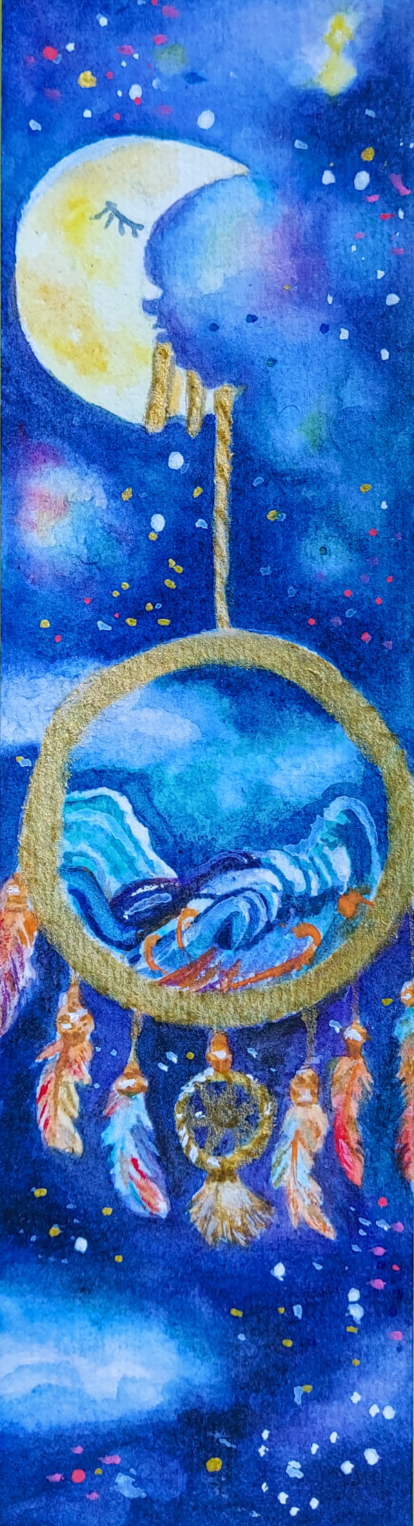 attrappe reve marque page aquarelle irisé doré   moon dream catcher